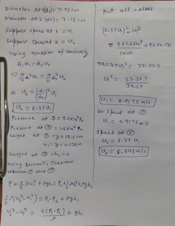 but all colues Diameter at ildid=7.95cm Diameter at 2 (22) = 3.15cm suppose speed at 1 = suppose speed at a = ₂ wsing equatio