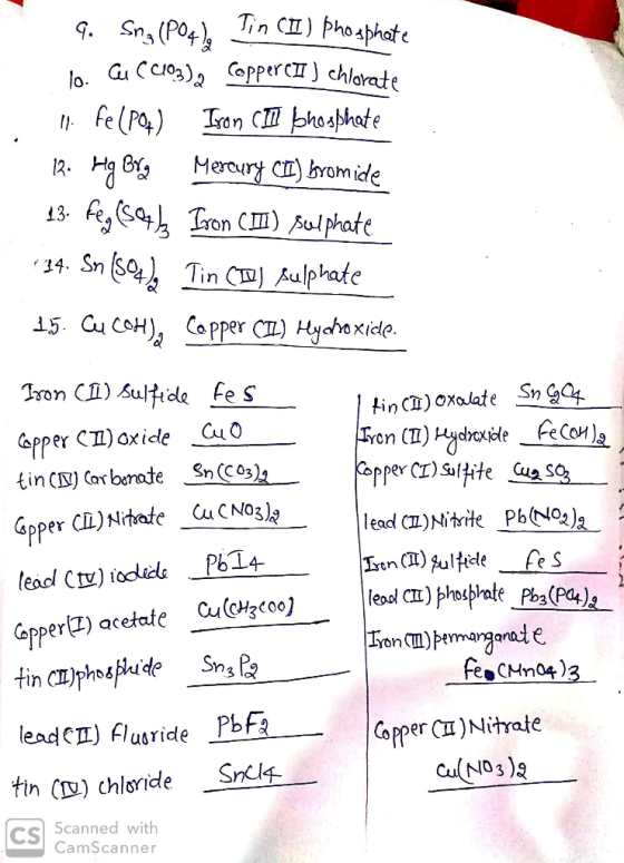 9. Sng (PO4), Tin CII) phosphate lo. Gu (C103), Coppercit ) chlorate 11. fe (PO4) Iron CII bhosphate 12. Hg Bra Mercury (II)