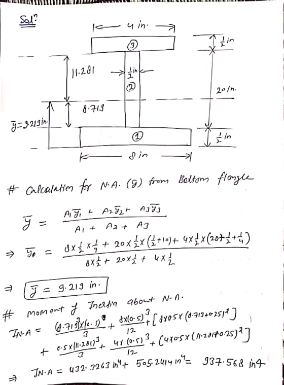 Sol? k uin. > IT 20 in. - * 4- 8.719 - g=2215 T o kedin - Itin flangle # Calculation for N.A. (g) from Bottom - AJ,t A2Z2t A3