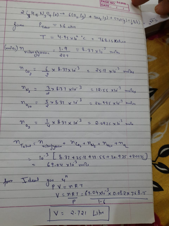 PAGE NO. Icon DATE: IT 109 2 SHEN,99 () - 600, 9) + 3N, 9) + 54,04)+104) given Protes = 116 atm T = 4.95*10* c = 768, 15 Ke