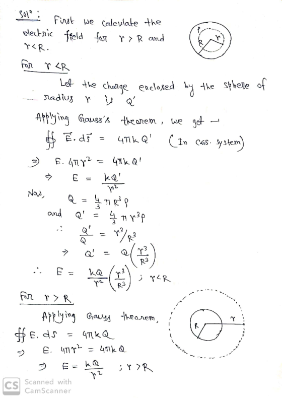 Sol First we calculate the electric field for r > R and YER. for rer Let the charge enclosed by the sphere of radius r s é Ap
