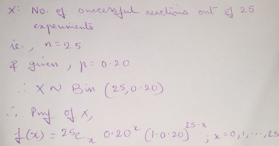 no * No. of onccessful reactions out I 25 experiments ie, N=25 & gwen, R-0.20 :: X~ Bin (25,0.20) 6. Puch of X, 26)-250:20* (