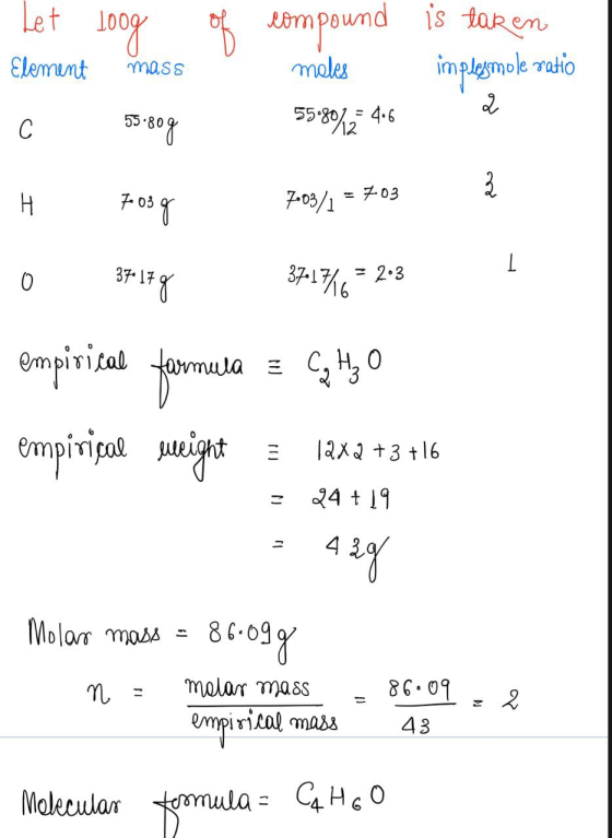 Let loog of compound is taken Element mass moles implesmole ratio 2 55.80 55-80% - 406 с w to os q H 7.03 7003/1 0 1 37 17 g