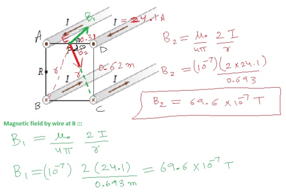 0.613 12 Magnetic field by wire at B:: B, =(10-7) 2 (24.12 = 69.6 x、-r