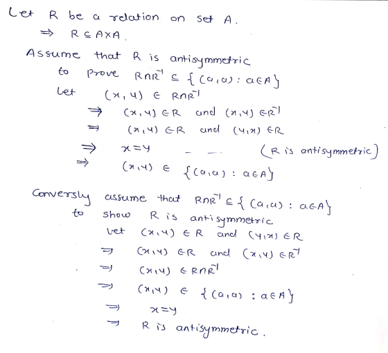 let R be a relation on set A. > REAXA. Assume that his antisymmetric to prove RnRs {ca,a): AGAY 1. (x, u) E RARY * (x, u) ER