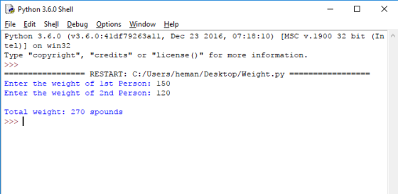 В Python 3.6.0 Shell File Edit Shel Debug Options Window Help Python 3.6.0 (v3.6.0:41df79263all, Dec 23 2016, 07:18:10) [MSC