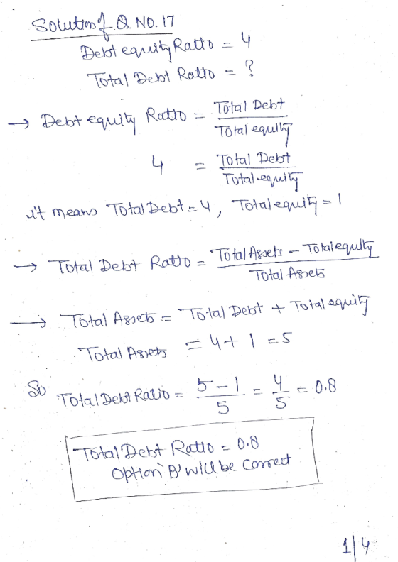 Solutions 1.2. NO.17 Debt equity Ratto = 4 Total Debt Ratio = ? → Debt equity Ratio = Total Debt Total equily 4 Total Debt -