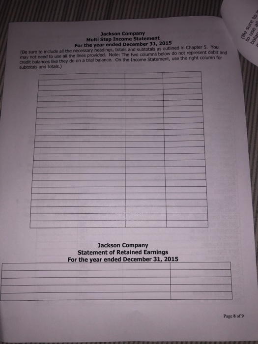 (Be sure to Jackson Company Multi Step Income Statement For the year ended December 31, 2015 (Be sure to include all the nece