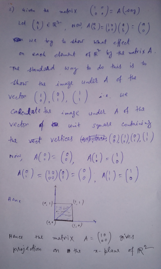 NOW 2) Given the matrix (8)= A (say). Let 4 € 1R? Now, A (M) = (68) () = (0) bou we try to show what effect on each element o