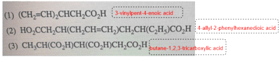 (1) (CH2=CH),CHCH,CO2H (3-vinylpent 4-enoic acid (2) HO,CCH_CH(CH2CH=CH,)CH-CH(CH3)CO2H 4-allyl-2-phenylhexanedioic acid (3)