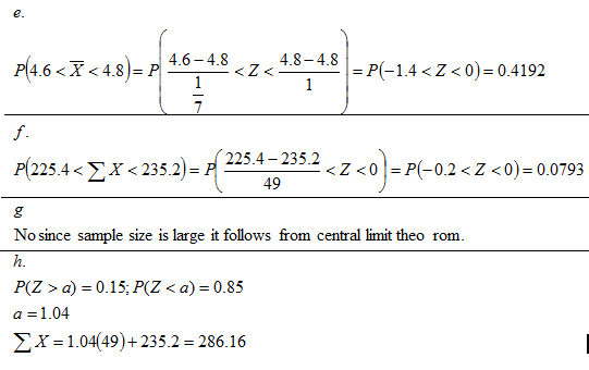 e. 4.8-4.8 p(4.6 < X < 4.8)= p 4.6-4.8 <Z = P(-1.4<Z<0)=0.4192 1 <<0)=P(-02 f. P(225.4 < < X < 235.2) =P 225.4-235.2 <Z <0 =