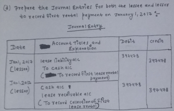 a) prepare the Journal Entries for both the lessee and less or to record first rental payment on January 1, 2017 Journal Entr