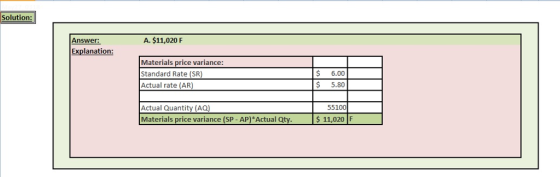 Solution Answer: A. $11,020F Explanation: Materials price variance: Standard Rate (SR Actual rate (AR $ 6.00 $ 5.80 55100 Act