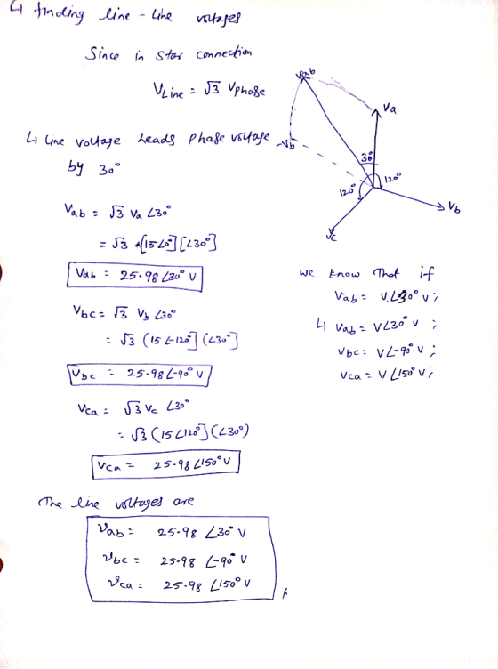 4 tinding line-line vintages Since in star connection Vab Vine = 03 Vphoge va 4 line voltage Leads Phase voltage 38/ by 30° 1