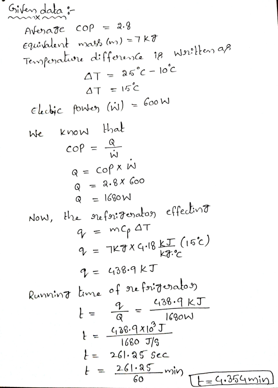 Givens data : x Average cop 2.8 Equivalent mass (m) = 7kg Temperature difference is written as AT 25°C -10°c OT = 15°C Electi