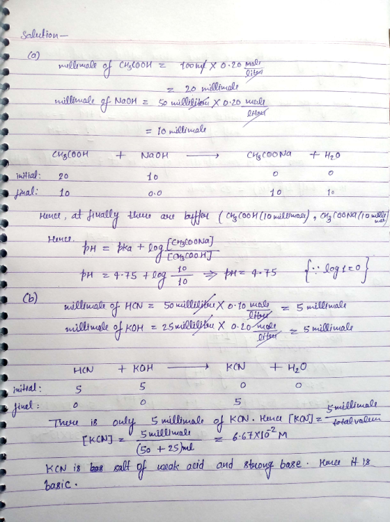 solution- millimale of CH₃COOH z toone X 0.20 mal z 20 millimele millimale of NaOH z 5o williliterei X 0.20 will lifter = lo