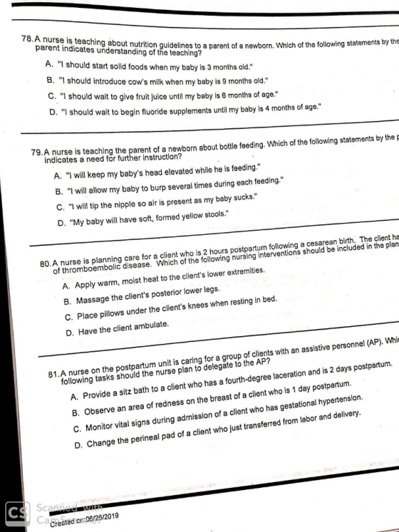 78. A nurse is teaching about nutrition guidelines to a parent of a ne parent indicates understanding of the teaching? about