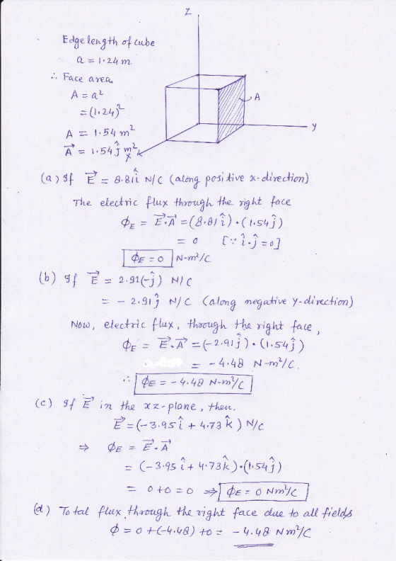 Edge length of cube a = 1.24 m is face area A=a2 = {1:24) A = 1.54 m² Ã = 1.543 m (2734 7 = 8.Bli NIC (along positive x-direc