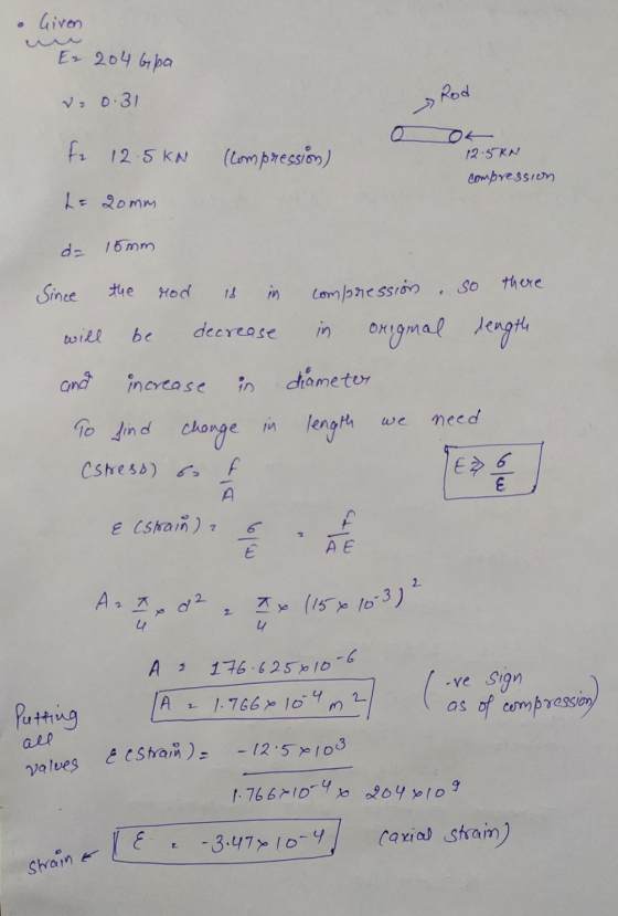 Given . E 204 Gpa Rod ve 0.31 Fr 125KN (compression) 12.5kN compression L= 20mm da 15mm Since the there Hod SO id in will be