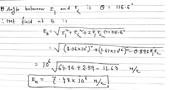 B Angle between 3 and E 116.6° E . Met field at B Eg +25, 5, Cos 116.69 (8.06x10)*+67x106)=0.896714 To $64.96 +2.59 - 11.63 H