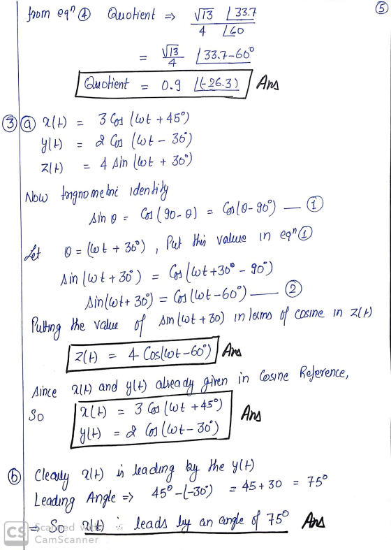 5 from 09 Quotient => V13 33.7 4 260 V13 4 | 33.7-60° = Quotient 0.9 LE 26.3) | Am = 1 3 @ 217) 3 Cos 165 +459) ylt 2 Cos (l