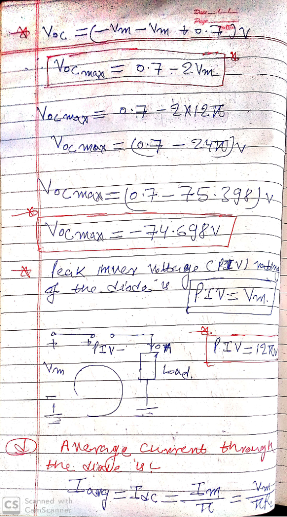 Ao Voc. =(-Vm- Vm +o.7ngV Vocmax = 0.7 - 2 Vm =07-2Vm. 0:7=2X127 Nocamaa= Voc mon= -24777v (0.7 Nocman=10:7-75:3987. Vocman=-