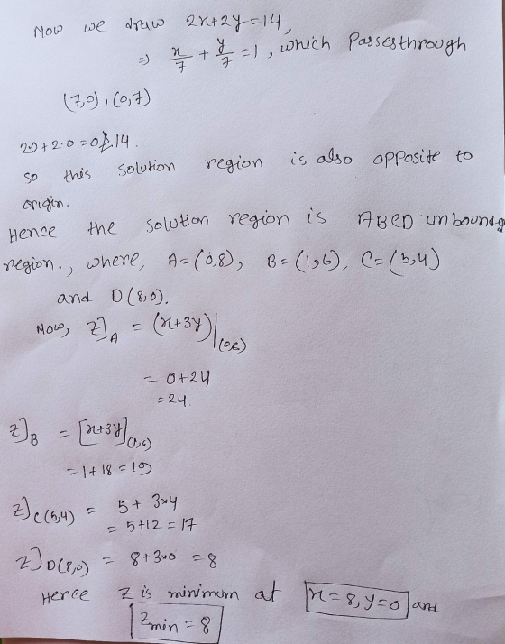 Now we draw 2x+2y=14, -), which passes through n t =) 7 7 (7,0), (0,7) 2-0 + 2:0 208,14. so is also opposite to solution this