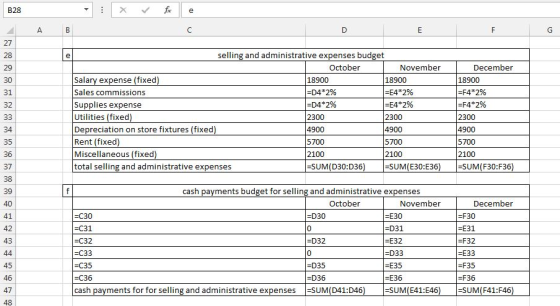 B28 selling and administrative expenses budget October November December 29 30 31 32 Salary expense (fixed Sales commissions