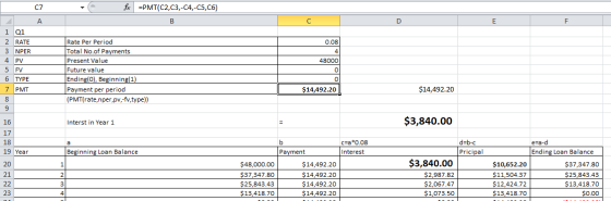 Fax =PMT(C2,C3,-C4,-C5,C6) C7 А 0.08 1 Q1 2 RATE 3 NPER 4 PV 5 FV 6 TYPE 7 PMT 48000 Rate Per Period Total No.of Payments Pre