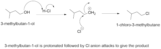 non ha com – M CI 3-methylbutan-1-ol 1-chloro-3-methylbutane 3-methylbutan-1-ol is protonated followed by Cl anion attacks to
