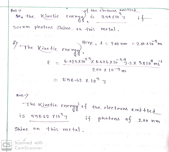 M And of the electrons emitted . So, the kinetic energy is 399x10²5 3oonm photons Shine on this metal. if Here, d = 200 nm =