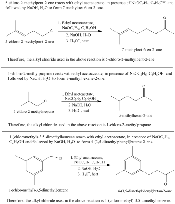 5-chloro-2-methylpent-2-ene reacts with ethyl acetoacetate, in presence of NaOC2H5, C2H^OH and followed by NaOH, H2O to form