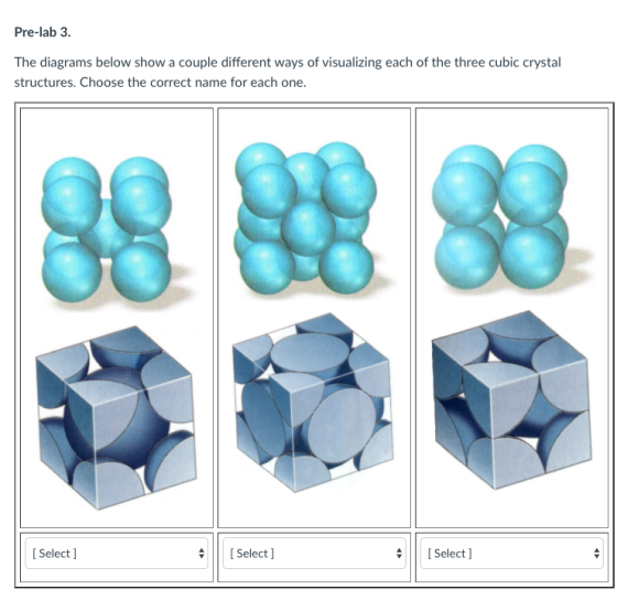 Pre-lab 3. The diagrams below show a couple different ways of visualizing each of the three cubic crystal structures. Choose