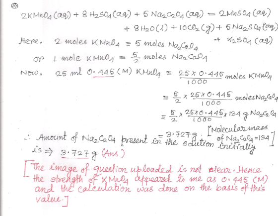 の Here, 2 wuoles KMnO4 5 meles Nas,04 moles Na Coo 2 100 o 2 1000 -. Amount of Na2C2O4 Molecularonass TNO n= 3.727 aly is 3.