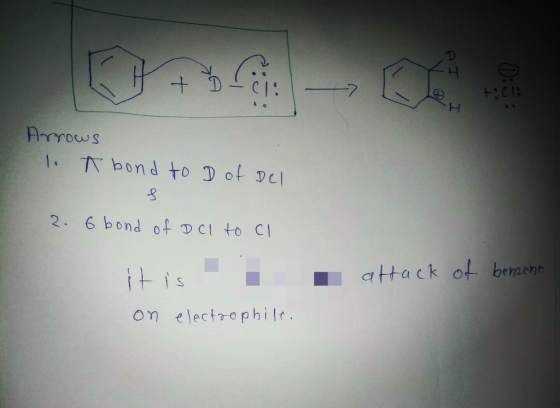 t.co Arrows 1. tbond to D of Del 2. 6 bond of Del to cl I attack of benene! it is on electrophile.
