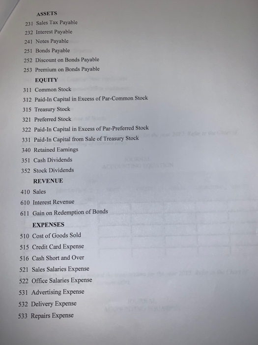 ASSETS 231 Sales Tax Payable 232 Interest Payable 241 Notes Payable 251 Bonds Payable 252 Discount on Bonds Payable 253 Premi