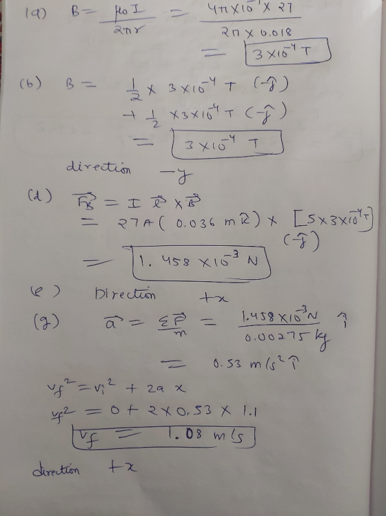 fo I 2ty 44X10 X 27 20x 0,018 3X104T B = 1² x 3x104 T (-2) + 2x3x154 T (-ŷ) 3X10 T direction - y a) B-IX = P7A ( 0.036 m2) *