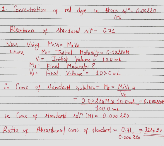 1. Concentration of red dye in stock 101= 0.00220 (M2 Absorbance of standard roln= 0.71 where Now, Weing MiVi= Me ve Mi = In