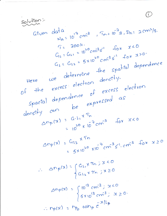 Solution Grven data : 300 k 20 Heve coe detentnethe Spatal dependence of the excecs electron densst Spacial dependence of excess electvon dengsly can be exprested a,s 13