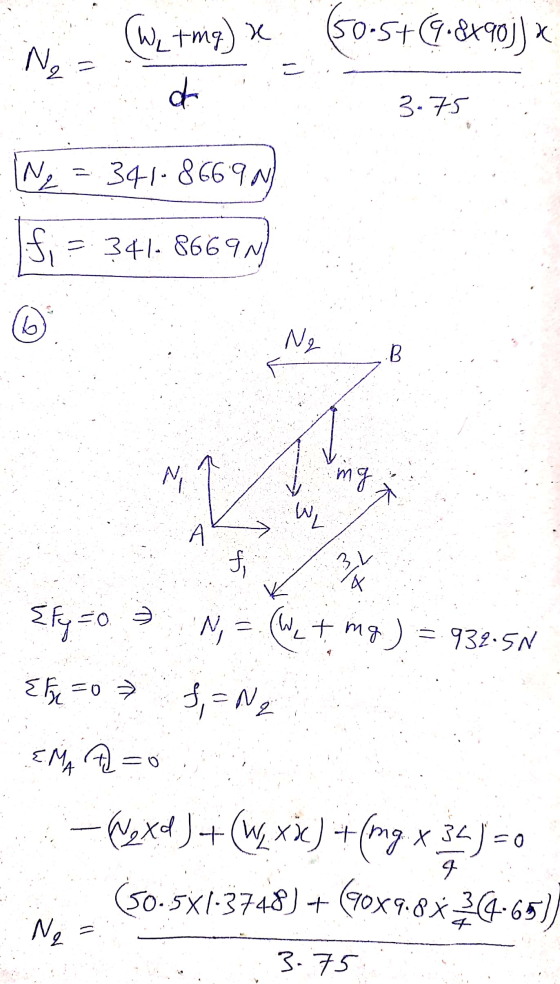 50-5+(9:84903) Weting) x X = 3.75 86692 IN = (Wet ng) (We Na do N = 341-8669N 3.341. 6669N M fi 6 Ne B mg W I f 4 Efy=0 =932.