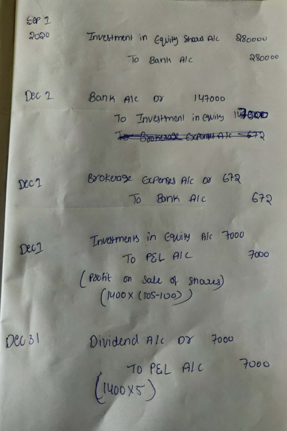 Sep I ..వంధి Investment in E9uity Shors AlL 280000 To Bank AIC Dec 2 8ank Ale 147000 To Investmen in equiry IdeDD JeBroKEnase