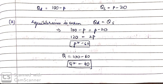 Qd = 100-p L Qs = p-20 equilibrium is when Qd = Qs 100 - p = p-20 120 = zp [ p*=60 Q=100-60 [Q* = 40 fra started with Scanner