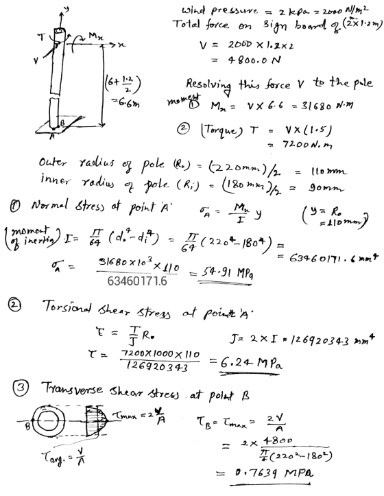 T Mr wind pressure aakpa = 2000 N/m2 Total force on sign boord of (2x1.2m) v= 2000 X 1.2x2 4800.0N 116+ 1.3 Resolving this fo