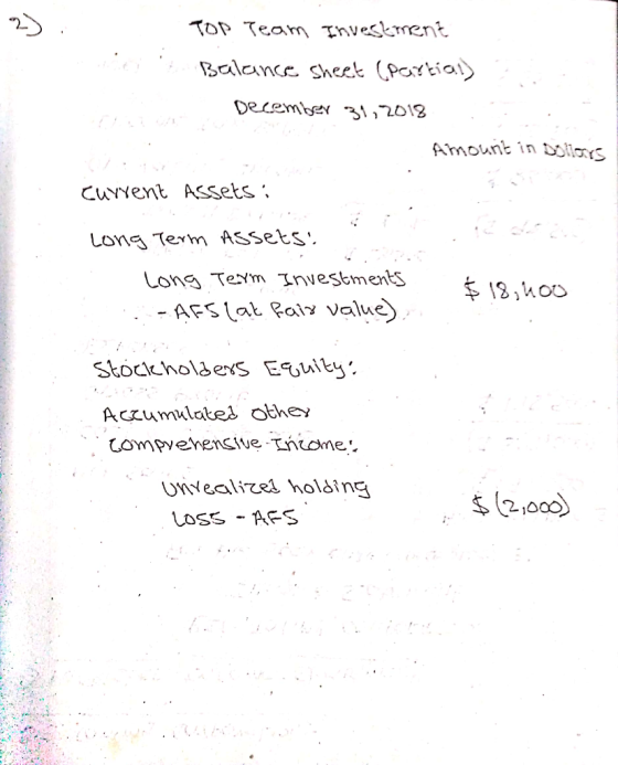 TOP Team Investment met t Balance sheet (partial) December 31, 2018 . Amount in Dollars Current Assets; Long Term Assets! Lo