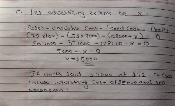 I let advertising expense be Profox 0 Sales - Variable cost- Fixed Costa (72 x7ooo) - (53x7000) - (128000+ x) = so 4000 - 371