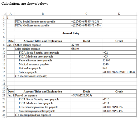Calculations are shown below: В ДА 11 FICA Social Security taxes payable FICA Medicare taxes payable =(22760+65840)*6.2% =(22