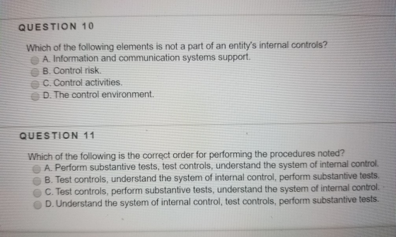 QUESTION 10 Which of the following elements is not a part of an entitys internal controls? A. Information and communication