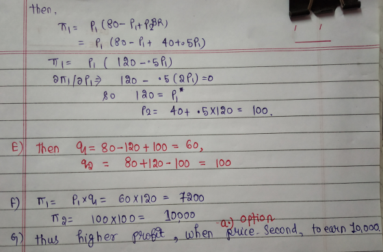 then, T = P (80- Pit PBR) = P, (80- Pit 40+05P) TIE Pi ( 120.5 p.) ani/a Piz 120 - 05(2 P.) =0 so 120 = PT P2 = 40+ •5X120 =