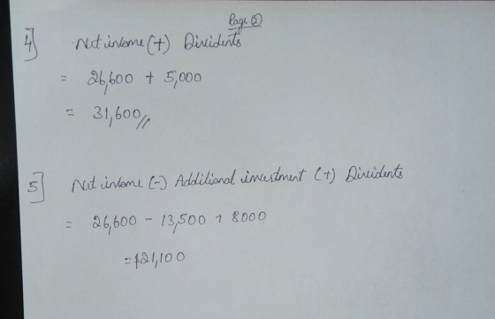 4 lage @ Nut inome (t) Disidents - 26,600 + 5,000 = 31,600 5 not intame (-) Additional investment (t) Dividents = 26,600 - 13
