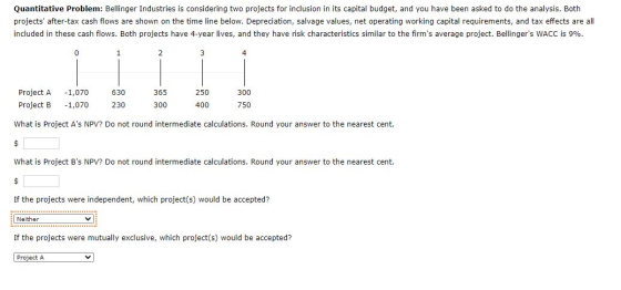 Quantitative Problem: Bellinger Industries is considering two projects for inclusion in its capital budget, and you have been